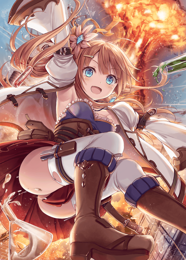 1girl akkijin alchemist_(shinkai_no_valkyrie) alchemy armpits ass blue_eyes boots bottle brown_hair explosion floating flower frilled_skirt frills hair_flower hair_ornament labcoat official_art open_arms open_mouth red_skirt shinkai_no_valkyrie short_hair skirt thigh-highs