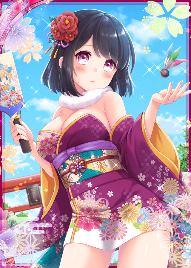 1girl badminton badminton_racket bare_shoulders black_hair blue_sky breasts cherry_blossoms clouds collaboration falkyrie_no_monshou floral_print flower hair_flower hair_ornament japanese_clothes kimono medium_breasts official_art pink_eyes racket shinkai_no_valkyrie short_hair shy sky stardrop