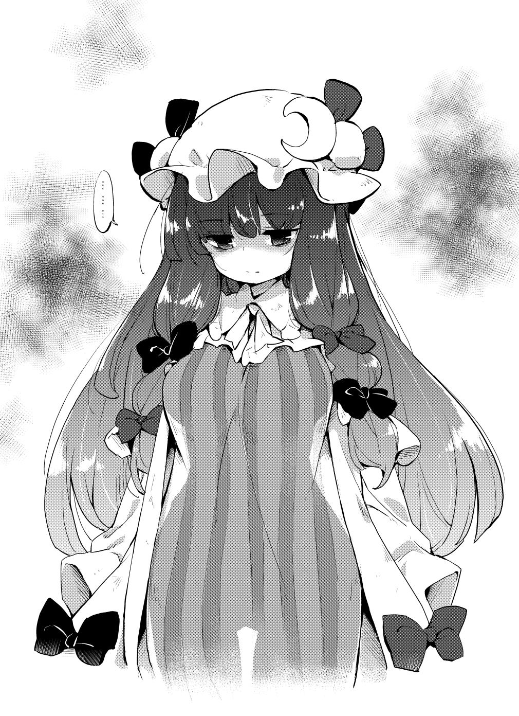 ... 1girl bangs bow breasts commentary_request cowboy_shot crescent crescent_hat_ornament dress greyscale hair_bow hat hat_ornament hat_ribbon highres large_breasts long_hair long_sleeves mob_cap monochrome patchouli_knowledge ribbon see-through_silhouette solo spoken_ellipsis striped striped_dress tanasuke touhou very_long_hair white_background wide_hips