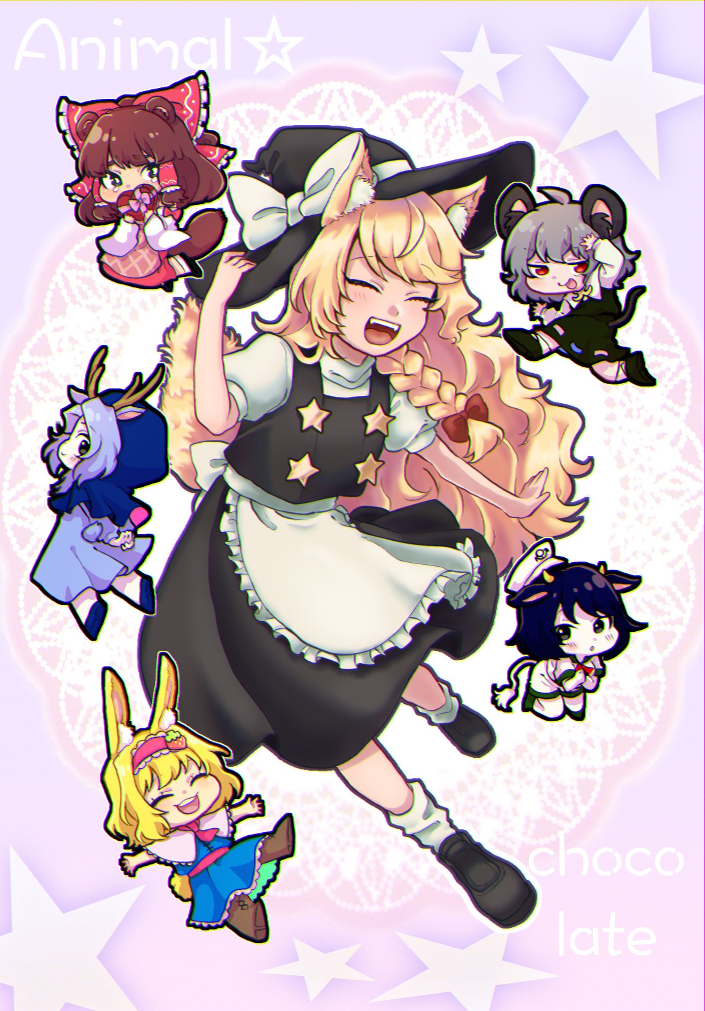 6+girls alice_margatroid animal_ear_fluff animal_ears apron bangs black_eyes black_skirt black_vest blonde_hair blouse blue_dress blue_footwear blue_hair blush boots bow box brown_footwear brown_hair bunny_tail capelet chibi closed_eyes closed_mouth colored_skin commentary_request cookie_(touhou) cow_ears cow_horns cow_tail deer_antlers deer_tail detached_sleeves dress english_text eyebrows_visible_through_hair flour_(cookie) food_themed_hair_ornament fox_ears fox_tail frilled_apron frilled_bow frilled_capelet frilled_dress frilled_hair_tubes frills full_body green_footwear green_skirt green_vest grey_hair hair_bow hair_ornament hair_tubes hairband hakurei_reimu hat heart-shaped_box highres hood horns ichigo_(cookie) kemonomimi_mode kirisame_marisa kumoi_ichirin long_hair long_sleeves looking_at_viewer medium_hair milk_(cookie) mouse_ears mouse_tail multiple_girls murasa_minamitsu nazrin neckerchief nyon_(cookie) odenoden open_mouth outstretched_arms pink_apron pink_hairband pink_neckwear pink_sash puffy_short_sleeves puffy_sleeves rabbit_ears raccoon_ears raccoon_tail red_bow red_eyes rurima_(cookie) sailor_hat sash second-party_source shirt shoes short_hair short_sleeves shorts skirt smile star_(symbol) strawberry_hair_ornament suzu_(cookie) tail touhou vest waist_apron white_apron white_blouse white_capelet white_shirt white_shorts white_skin white_sleeves |d