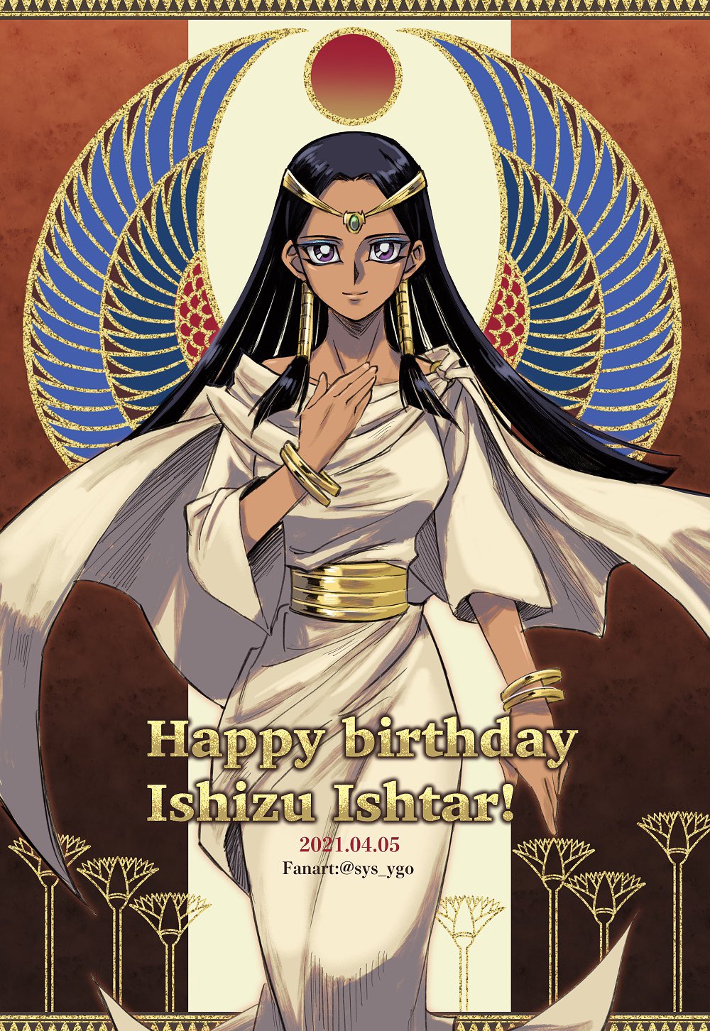 1girl artist_name black_hair bracelet bright_pupils character_name cloak closed_mouth commentary_request dark_skin dark-skinned_female dated dress egyptian hair_tubes hand_up happy_birthday highres ishizu_ishtar jewelry long_hair looking_at_viewer sleeves_past_elbows smile solo soya_(sys_ygo) violet_eyes white_pupils yu-gi-oh!