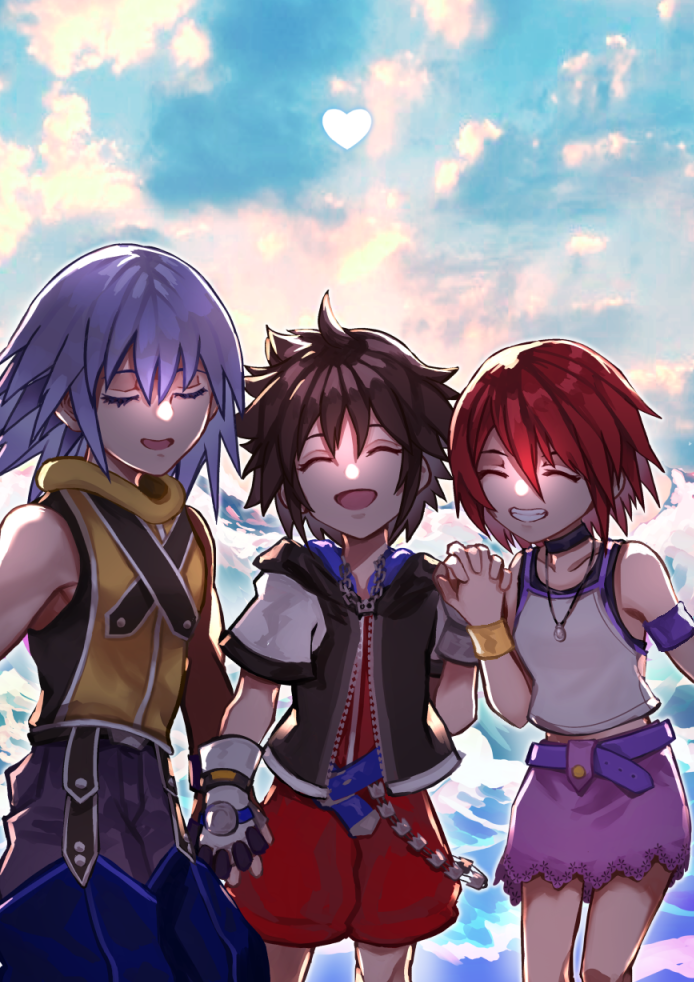 1girl 2boys brown_hair closed_eyes clouds fingerless_gloves gloves jewelry kairi_(kingdom_hearts) keiseki1 kingdom_hearts multiple_boys necklace open_mouth redhead riku short_hair silver_hair smile sora_(kingdom_hearts) spiky_hair