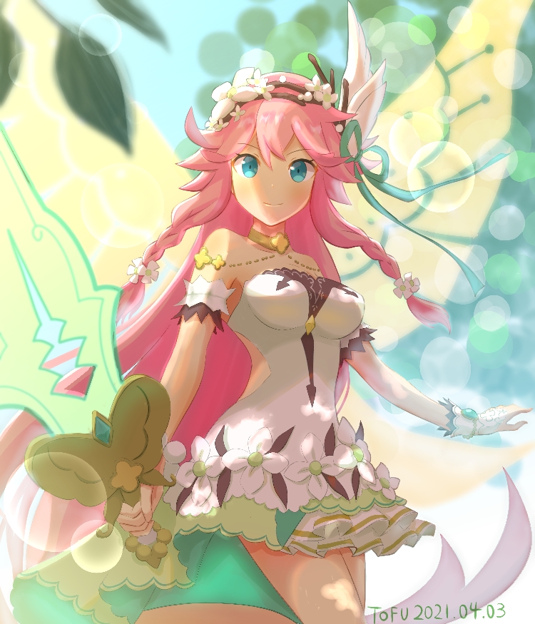 1girl bangs bare_shoulders blue_eyes breasts dated dragalia_lost dress eyebrows_visible_through_hair fairy flower hair_between_eyes hair_flower hair_ornament holding holding_sword holding_weapon long_hair looking_at_viewer notte_(dragalia_lost) pink_hair pleated_dress silken_tofu smile solo strapless strapless_dress sword very_long_hair weapon white_dress wings yellow_wings