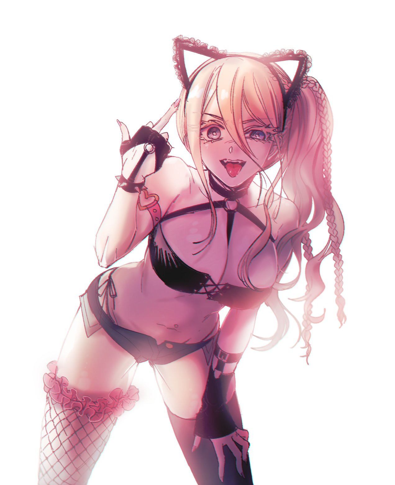 :p animal_ears bangs bare_shoulders black_choker black_gloves black_legwear black_shorts blonde_hair blue_eyes bracelet braid breasts cat_ears choker clothing_request collarbone cowboy_shot dangan_ronpa_(series) dangan_ronpa_v3:_killing_harmony fake_animal_ears fangs fingerless_gloves fishnet_legwear fishnets gloves gwanlamcha hair_between_eyes hand_on_own_thigh highres iruma_miu jewelry large_breasts leaning_forward long_hair looking_at_viewer micro_shorts middle_finger mismatched_legwear navel o-ring o-ring_choker o-ring_top open_clothes open_fly open_mouth open_shorts panties shorts side-tie_panties side_ponytail simple_background solo spiked_bracelet spikes stomach symbol_commentary thigh-highs tongue tongue_out underwear white_background