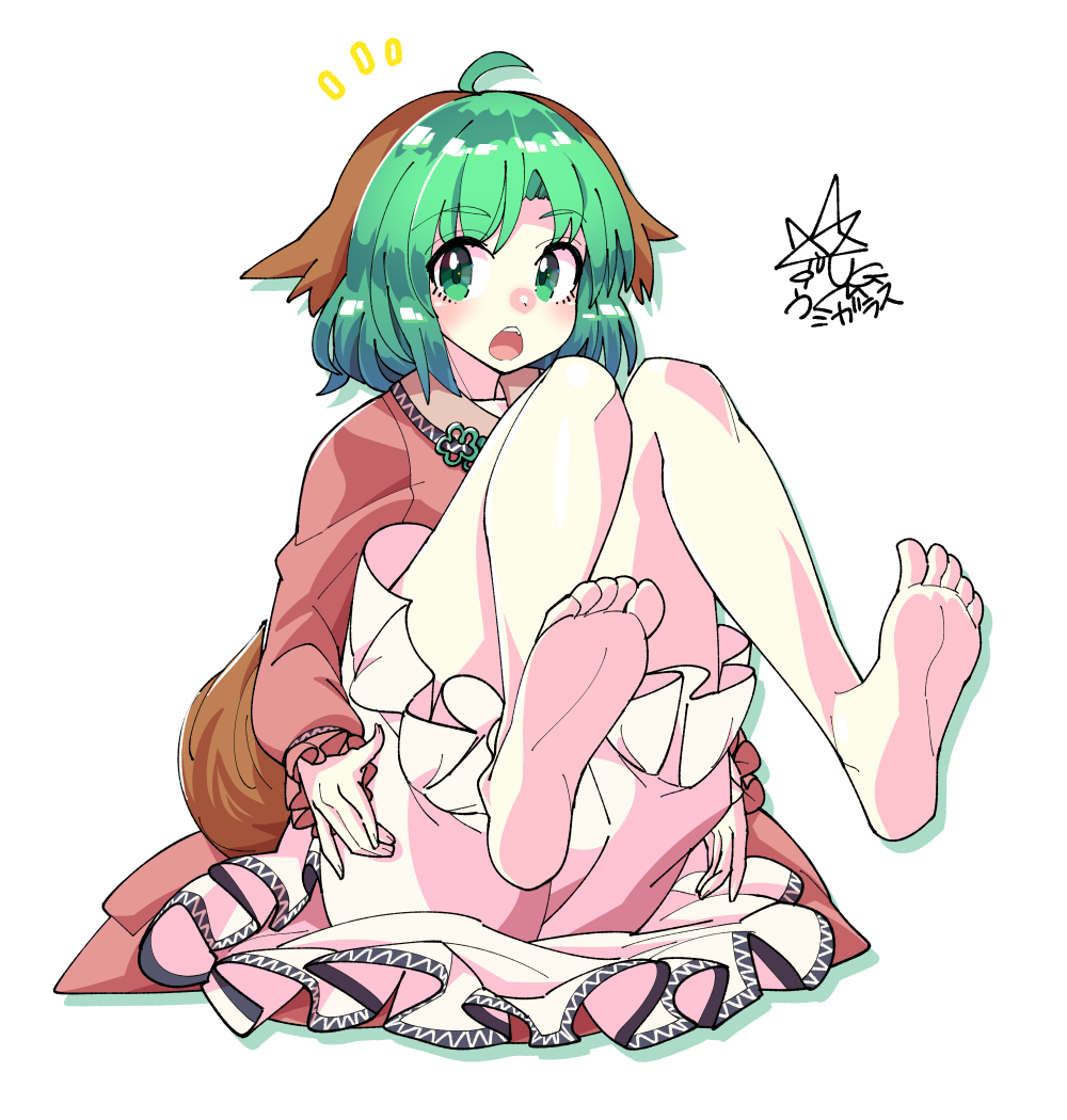 1girl animal_ears barefoot bloomers commentary dog_ears dog_tail eyebrows_visible_through_hair folded full_body green_eyes green_hair kasodani_kyouko legs_up long_sleeves looking_at_viewer open_mouth short_hair simple_background soles solo tail touhou umigarasu_(kitsune1963) underwear white_background