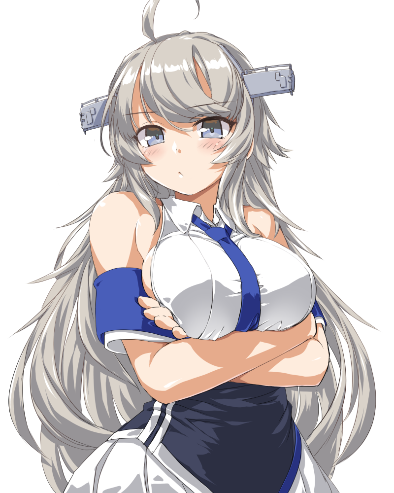 1girl ahoge arms_under_breasts bare_shoulders blue_eyes blue_neckwear breast_hold breasts commentary_request cowboy_shot crossed_arms dd_(ijigendd) grey_eyes headgear kantai_collection large_breasts long_hair looking_at_viewer military military_uniform necktie pleated_skirt shirt silver_hair simple_background skirt sleeveless sleeveless_shirt solo uniform washington_(kancolle) white_background white_shirt white_skirt
