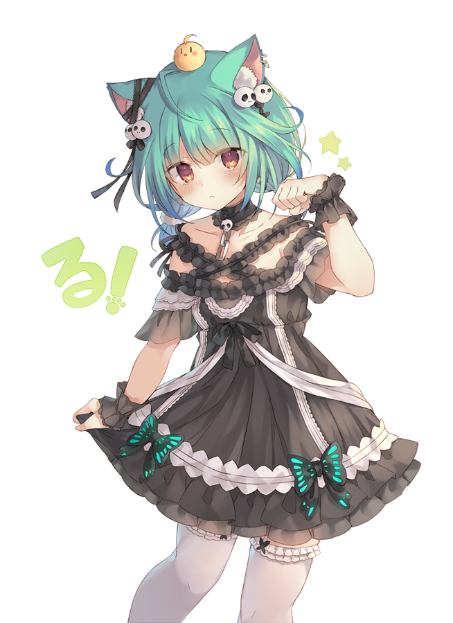 1girl animal_ear_fluff animal_ears bangs bare_shoulders black_dress blush cat_ears chain closed_mouth collarbone dress ear_piercing eyebrows_visible_through_hair frilled_dress frilled_legwear frills garter_straps green_hair hair_between_eyes hand_up hololive long_hair looking_at_viewer low_twintails off-shoulder_dress off_shoulder piercing red_eyes rento_(rukeai) short_twintails simple_background skirt_hold solo star_(symbol) thigh-highs twintails uruha_rushia virtual_youtuber white_background white_legwear wrist_cuffs