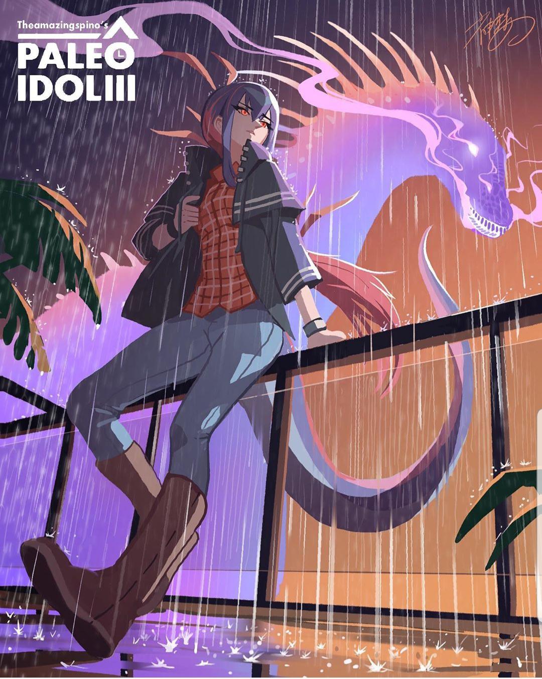 1girl artist_name bad_id bad_instagram_id boots brown_footwear collared_shirt denim dinosaur gradient_hair gradient_sky highres humanization jacket jeans knee_boots looking_to_the_side multicolored_hair open_clothes open_jacket original palm_tree pants personification plaid plaid_shirt rain shirt shoe_soles short_sleeves signature silhouette sky solo theamazingspino tree wet_floor