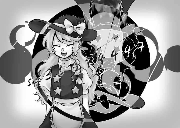 1girl apron bangs blouse bow commentary_request cookie_(touhou) cowboy_shot fox_eyes frilled_apron frills hat hat_bow inverted_colors kirisame_marisa long_hair looking_at_viewer monochrome niconico_id odenoden open_mouth out_of_step_(vocaloid) puffy_short_sleeves puffy_sleeves rotational_symmetry short_sleeves skirt star_(symbol) suzu_(cookie) touhou upper_teeth vest vocaloid waist_apron witch_hat