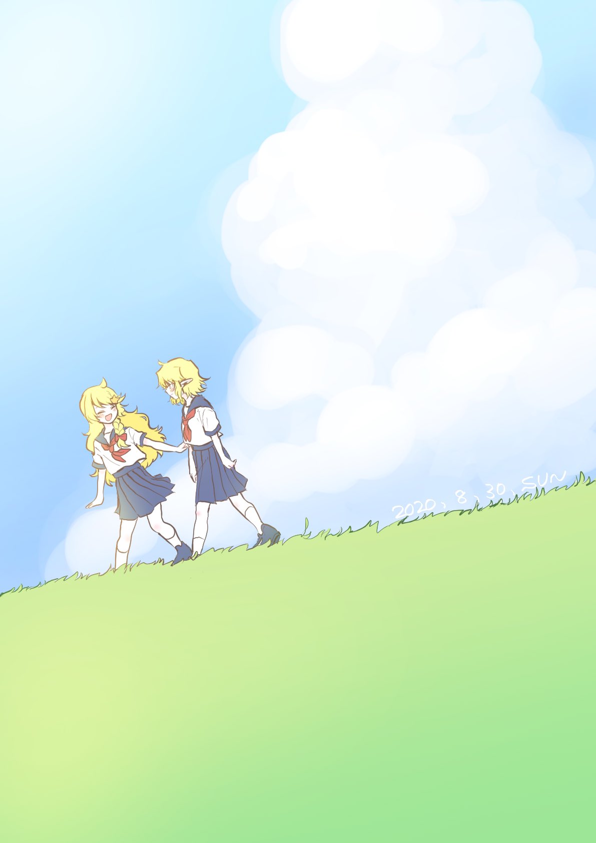 2girls alternate_costume bangs blonde_hair blue_footwear blue_skirt blue_sky blush braid closed_mouth clouds commentary_request cookie_(touhou) dated day fox_eyes full_body grass hair_ornament highres joker_(cookie) kirisame_marisa long_hair looking_at_another mizuhashi_parsee multiple_girls odenoden one-hour_drawing_challenge open_mouth outdoors pleated_skirt pointy_ears school_uniform serafuku shirt shoes short_hair side_braid single_braid skirt sky socks star_(symbol) star_hair_ornament suzu_(cookie) touhou walking white_legwear white_shirt