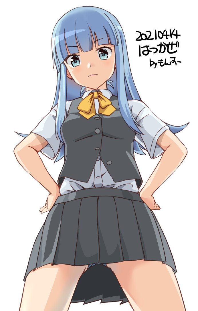 1girl bangs blue_eyes blue_hair blue_panties blunt_bangs bow bowtie breasts commentary_request dress_shirt eyebrows_visible_through_hair from_below grey_skirt grey_vest hands_on_hips hatsukaze_(kancolle) hime_cut kantai_collection medium_breasts monsuu_(hoffman) panties pantyshot pleated_skirt school_swimsuit shirt simple_background skirt solo swimsuit underwear vest white_background white_shirt yellow_neckwear