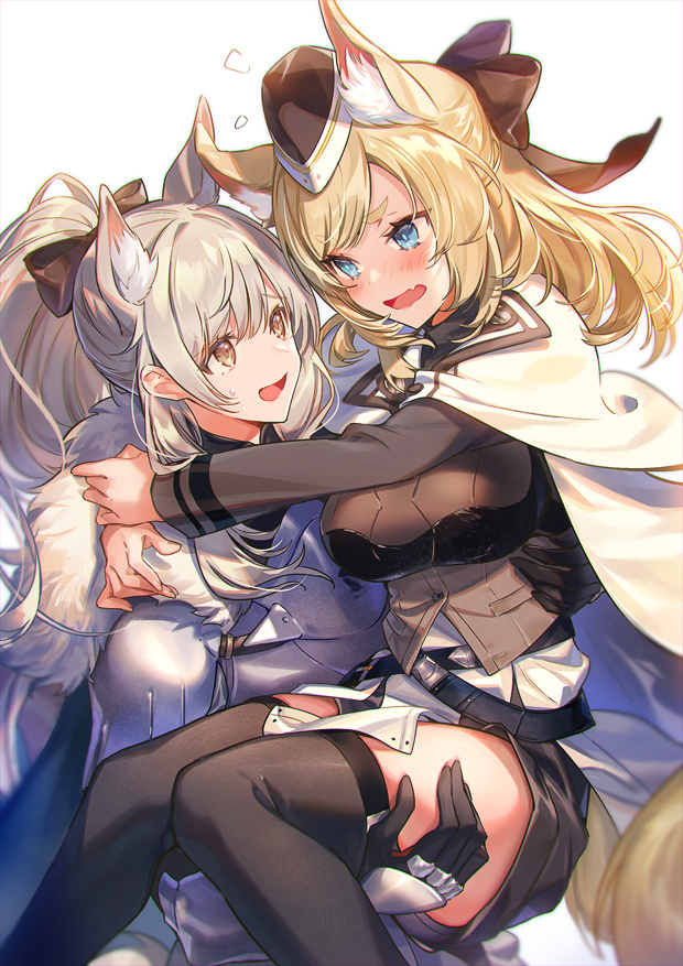 2girls :d animal_ear_fluff animal_ears arknights armor arms_around_neck bangs black_bow black_gloves black_headwear black_legwear blemishine_(arknights) blonde_hair blue_eyes blush bow breastplate breasts brown_eyes cape carrying commentary_request embarrassed eyebrows_visible_through_hair fang garrison_cap gloves grey_hair hair_bow has_otm hat horse_ears horse_girl horse_tail long_hair long_sleeves looking_at_another medium_breasts multiple_girls open_mouth plate_armor ponytail princess_carry short_eyebrows skin_fang smile sweatdrop tail thick_eyebrows thigh-highs vambraces whislash_(arknights) white_cape