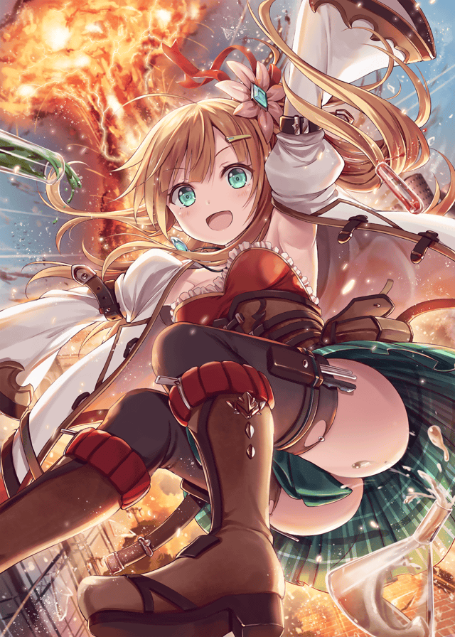 1girl akkijin alchemist_(shinkai_no_valkyrie) alchemy aqua_eyes armpits ass blonde_hair boots bottle explosion floating flower frilled_skirt frills green_skirt hair_flower hair_ornament labcoat official_art open_arms open_mouth shinkai_no_valkyrie short_hair skirt thigh-highs