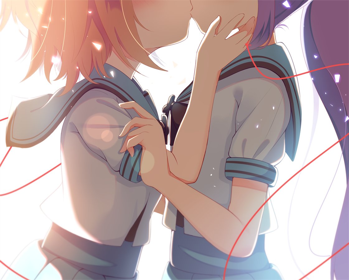 2girls black_neckwear blue_serafuku blue_skirt blush face-to-face facing_another hand_on_another's_arm hand_on_another's_face head_out_of_frame kiss lens_flare long_hair looking_at_another multiple_girls orange_hair ponytail purple_hair re:stage! rst_hoshinono school_uniform serafuku shikimiya_mana short_hair simple_background skirt string string_of_fate tsukisaka_sayu white_background yuri