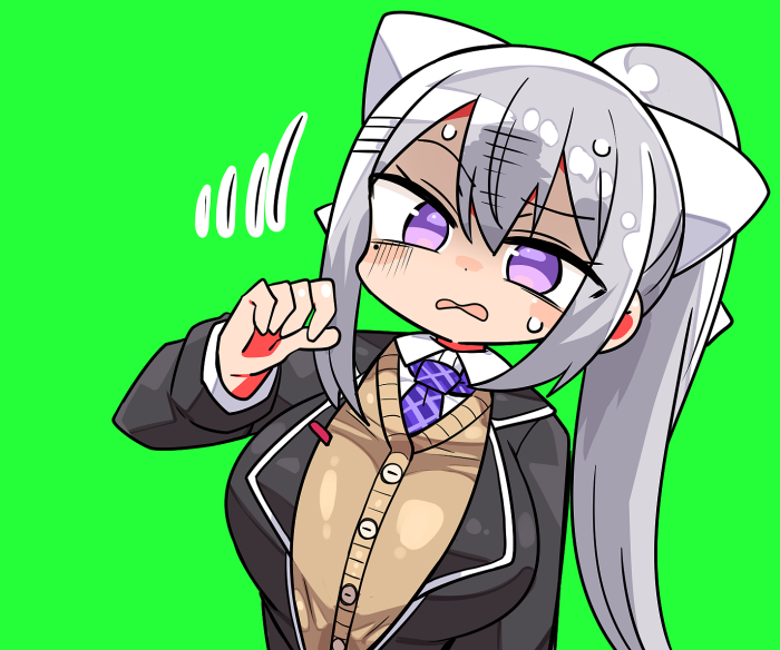 1girl bangs black_jacket blazer bow breasts brown_cardigan cardigan collared_shirt eyebrows_visible_through_hair green_background hair_between_eyes hair_bow higuchi_kaede jacket kanikama large_breasts leaning_to_the_side long_hair long_sleeves looking_at_viewer motion_lines necktie nijisanji open_blazer open_clothes open_jacket parted_lips ponytail purple_neckwear school_uniform shirt sidelocks silver_hair simple_background solo sweat turn_pale upper_body very_long_hair virtual_youtuber white_bow white_shirt