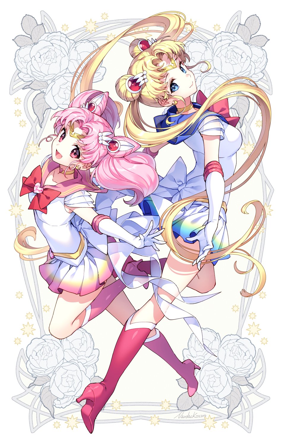 2girls back_bow bishoujo_senshi_sailor_moon blonde_hair blue_eyes blue_sailor_collar boots bow bowtie breasts chibi_usa choker circlet commentary crescent crescent_earrings double_bun earrings elbow_gloves full_body gloves heart heart_choker high_heel_boots high_heels highres jewelry knee_boots leg_up long_hair looking_at_viewer magical_girl medium_breasts miniskirt multicolored multicolored_clothes multicolored_skirt multiple_girls nardack pink_hair red_bow red_eyes red_footwear red_neckwear sailor_collar sailor_moon sailor_senshi_uniform shirt skirt small_breasts smile twintails very_long_hair white_bow white_gloves white_shirt