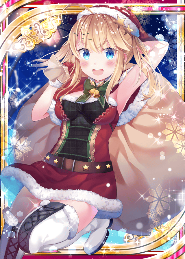 1girl armpits bell blonde_hair blue_eyes boots breasts christmas collaboration falkyrie_no_monshou green_ribbon hat high_heel_boots high_heels holding holding_sack looking_at_viewer medium_breasts night night_sky official_art open_mouth ribbon sack santa_costume santa_hat shinkai_no_valkyrie sky star_(symbol) yuraiko