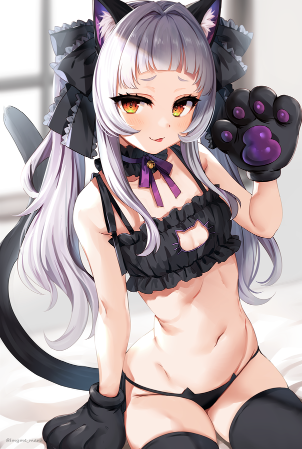 1girl :p animal_ear_fluff animal_ears bangs bare_arms bare_shoulders black_bra black_gloves black_legwear black_neckwear black_panties black_ribbon blush bra cat_ears cat_lingerie cat_tail choker commentary_request flat_chest gloves hair_ornament hair_ribbon hand_up hololive long_hair looking_at_viewer marota meme_attire murasaki_shion navel orange_eyes panties paw_gloves paws ribbon silver_hair sitting smile solo stomach tail thigh-highs tongue tongue_out underwear underwear_only virtual_youtuber