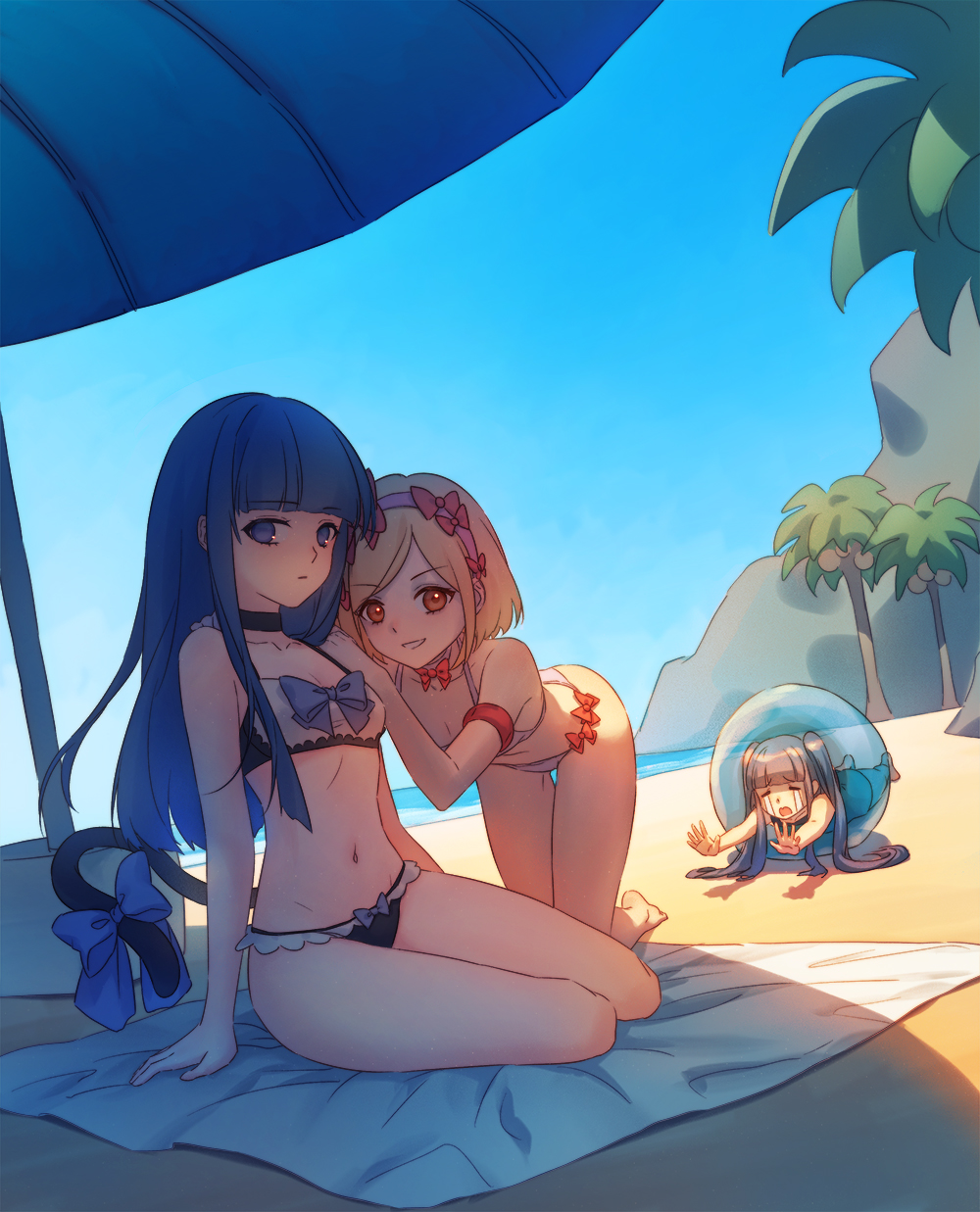 3girls aluce beach bikini blonde_hair blue_eyes blue_hair bow cat_tail crying frederica_bernkastel furudo_erika highres lambdadelta looking_at_viewer multiple_girls red_eyes sand smile swimsuit tail umbrella umineko_no_naku_koro_ni