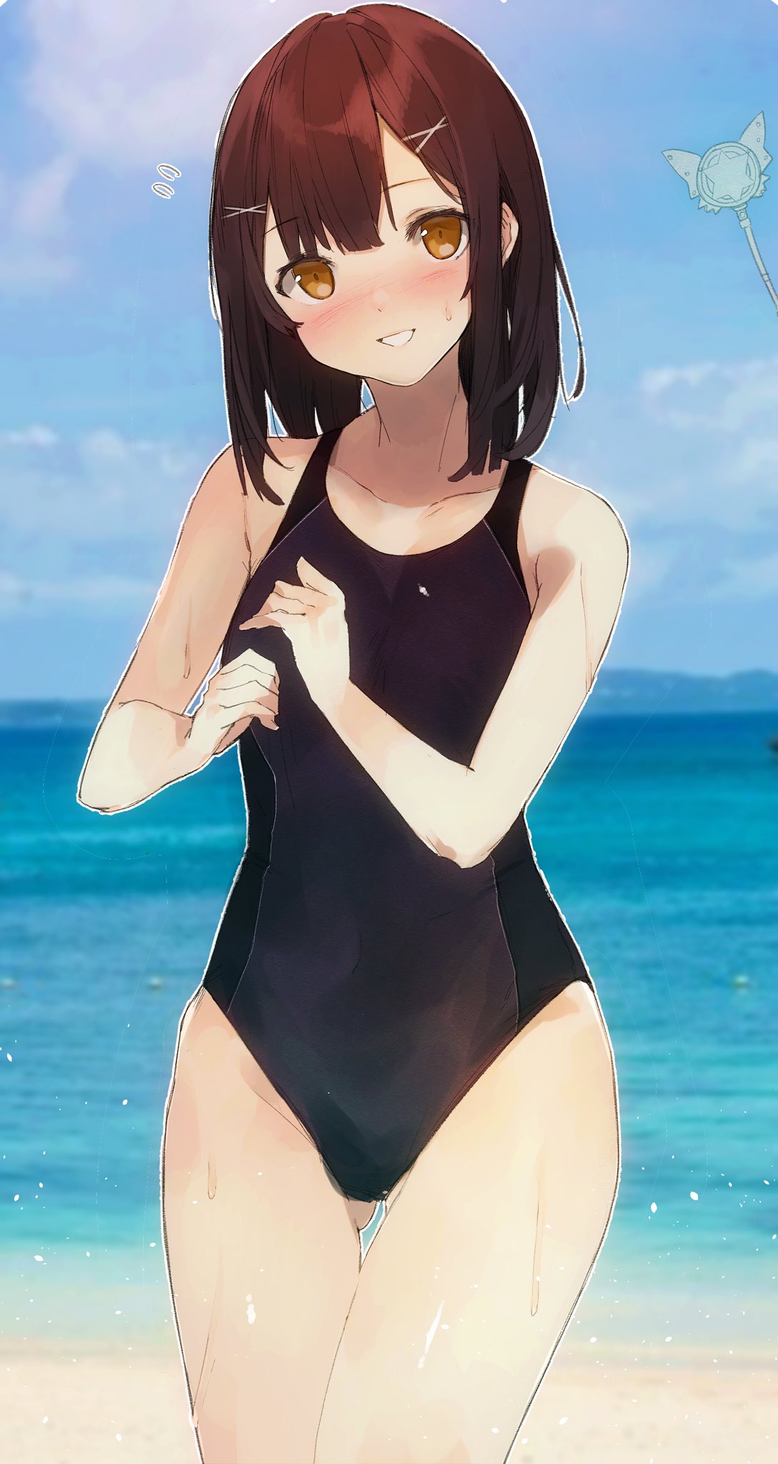 1girl ass_visible_through_thighs beach black_swimsuit blue_sky blush brown_eyes clouds commentary_request competition_swimsuit cowboy_shot day fate/kaleid_liner_prisma_illya fate_(series) highres kaleidostick looking_at_viewer magical_sapphire medium_hair miyu_edelfelt nose_blush one-piece_swimsuit outdoors parted_lips pisuta_(yamashiro) sky smile solo standing swimsuit