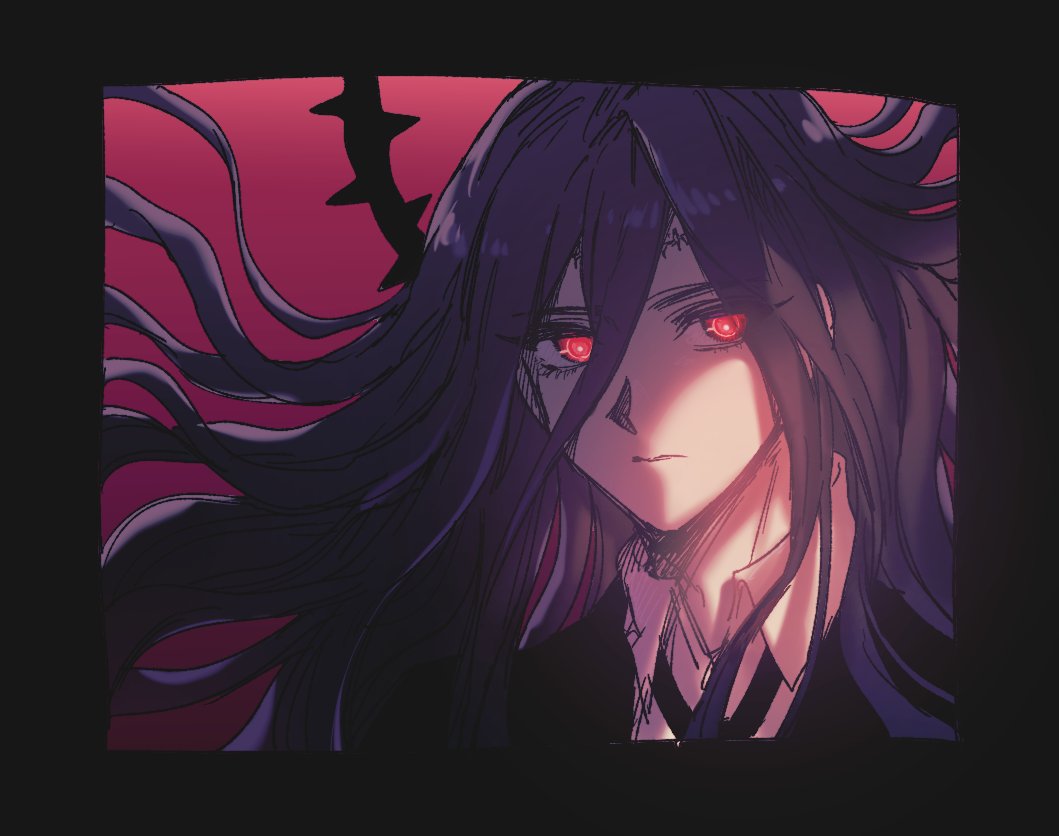 1boy bangs black_border black_jacket border closed_mouth collared_shirt dangan_ronpa_(series) dangan_ronpa_2:_goodbye_despair floating_hair formal glowing glowing_eyes gradient gradient_background gwanlamcha hair_between_eyes jacket kamukura_izuru long_hair looking_at_viewer male_focus necktie pink_background portrait red_eyes shirt solo white_shirt wing_collar