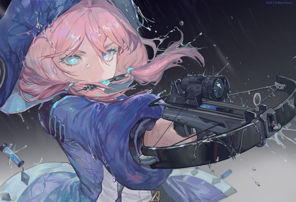 1girl arknights bingansuan_jiamouren black_background blue_eyes blue_jacket blue_poison_(arknights) crossbow dart gradient gradient_background holding holding_weapon hood hooded_jacket image_sample jacket long_hair looking_at_viewer mihuashi_sample pink_hair rain short_twintails solo twintails upper_body water weapon