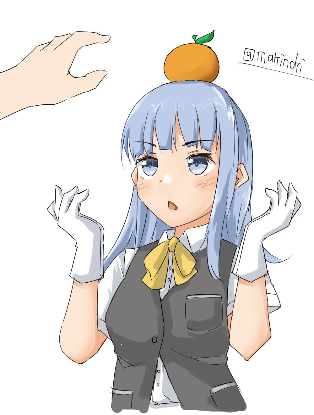 1girl 1other blue_hair commentary_request dress_shirt food food_on_head fruit fruit_on_head gloves grey_vest hatsukaze_(kancolle) highres hime_cut kantai_collection makinoki neck_ribbon object_on_head orange_(food) ribbon school_uniform shirt simple_background twitter_username upper_body vest white_background white_gloves white_shirt yellow_neckwear