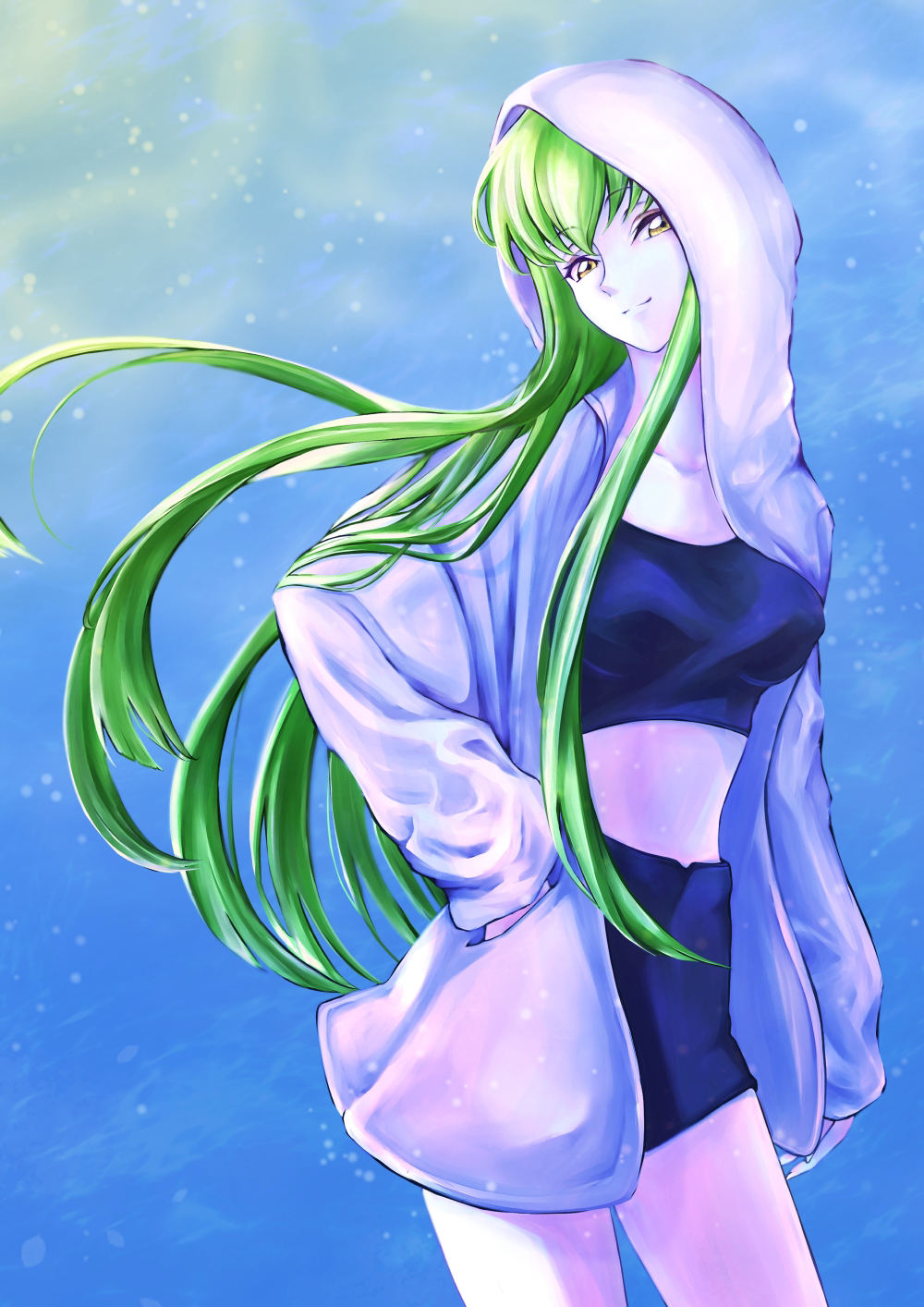 1girl blue_background breasts c.c. code_geass eyebrows_visible_through_hair green_hair hand_in_pocket highres hood hooded_jacket jacket kosaki0223 light_smile long_hair medium_breasts midriff shorts sleeves_past_wrists solo very_long_hair yellow_eyes