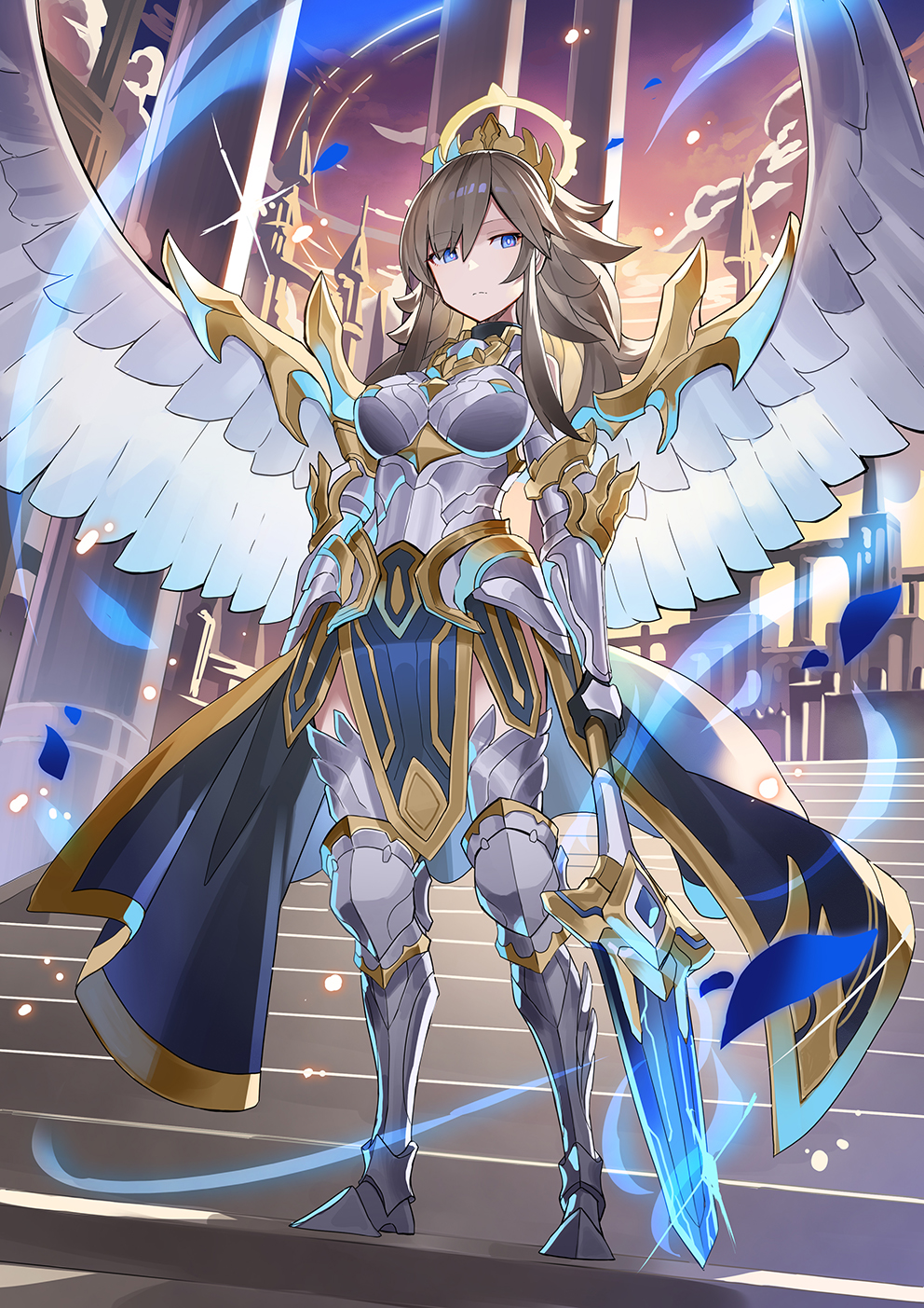 1girl angel angel_wings arm_guards armor armored_boots bangs blue_eyes boobplate boots breastplate breasts bright_pupils brown_hair closed_mouth elbow_pads evening expressionless faulds from_below full_body halo highres holding holding_weapon knee_pads light_particles long_hair looking_to_the_side medium_breasts original outdoors polearm rin_falcon sidelocks solo stairs standing stone_stairs sunset thigh-highs tiara waist_cape weapon white_pupils wings zettai_ryouiki