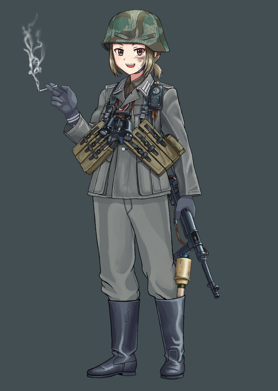 1girl :d black_footwear black_gloves boots brown_hair brown_jacket brown_pants cigarette commentary_request explosive gloves green_headwear grenade gun hand_up helmet holding holding_weapon jacket knee_boots long_sleeves looking_at_viewer military military_uniform open_mouth original pants rifle saettan_(fnnt2783) short_hair short_ponytail simple_background smile solo standing uniform upper_teeth weapon