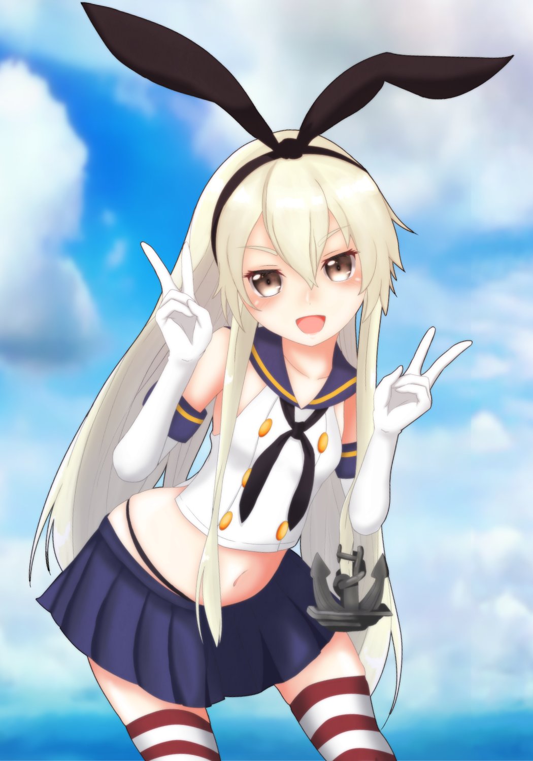 1girl black_hairband black_panties blonde_hair blue_neckwear blue_sailor_collar blue_skirt blue_sky clouds commentary_request crop_top daichi_(daiti1318) day double_v elbow_gloves gloves grey_eyes hairband highleg highleg_panties highres kantai_collection leaning_forward long_hair looking_at_viewer microskirt miniskirt neckerchief outdoors panties pleated_skirt sailor_collar shimakaze_(kancolle) skirt sky smile solo striped striped_legwear thigh-highs underwear v white_gloves