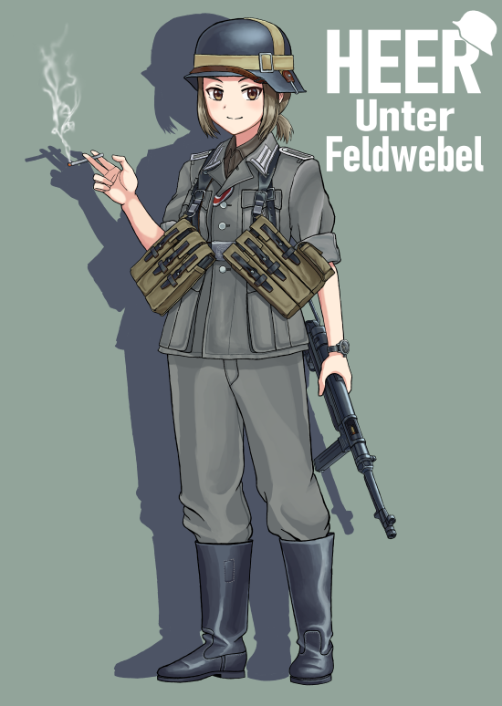 1girl black_footwear black_headwear boots brown_hair brown_jacket brown_pants cigarette commentary_request german_text gun hand_up helmet holding holding_weapon jacket knee_boots long_sleeves looking_at_viewer military military_uniform original pants rifle saettan_(fnnt2783) short_hair short_ponytail simple_background smile solo standing uniform weapon