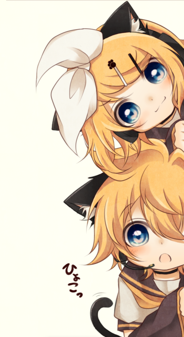 1boy 1girl :3 animal_ears arm_warmers bangs black_collar black_sleeves blonde_hair blue_eyes bow cat_ears cat_tail collar commentary hair_bow hair_ornament hairclip headphones kagamine_len kagamine_rin looking_at_viewer mattari_haruto open_mouth paw_hair_ornament peeking_out sailor_collar school_uniform shirt short_hair short_sleeves smile spiky_hair swept_bangs tail translated vocaloid white_bow white_shirt yellow_neckwear