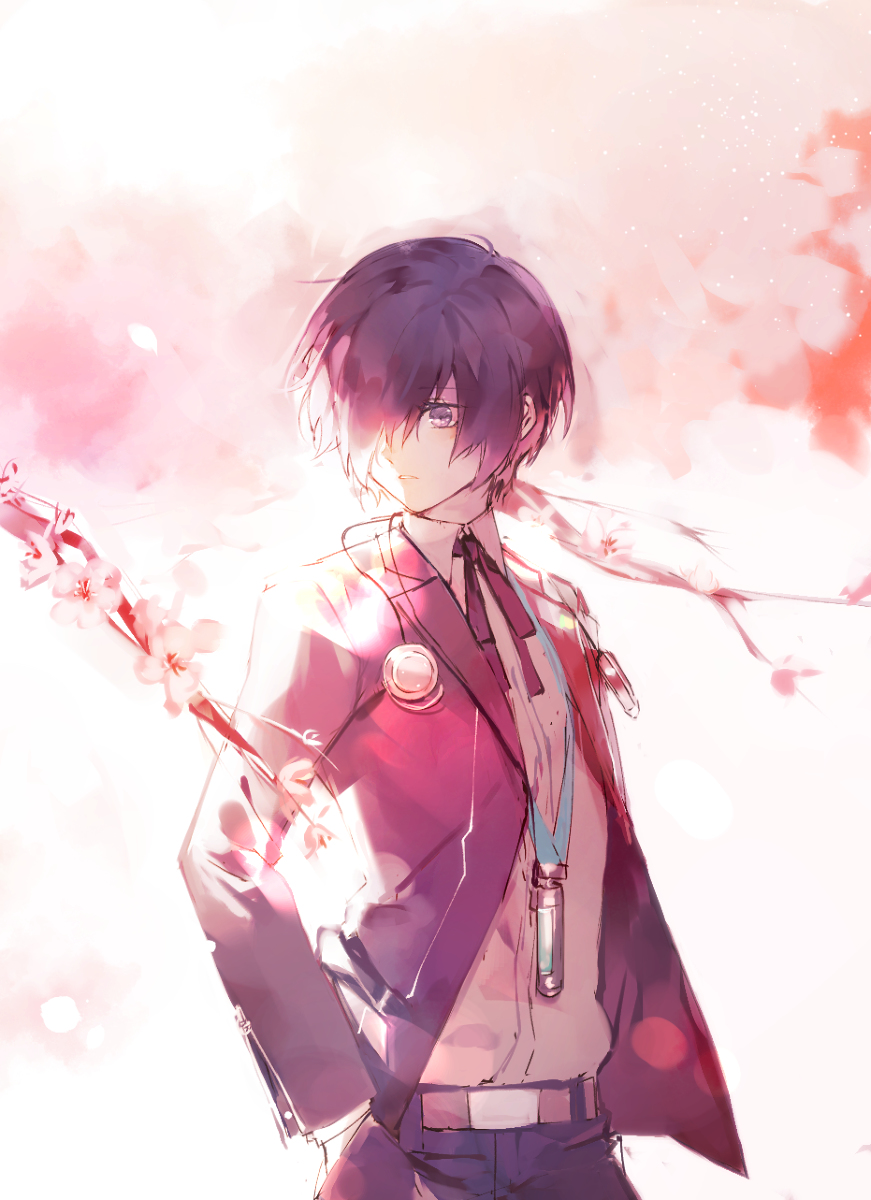 1boy bangs belt black_jacket black_pants black_ribbon blazer blue_eyes blue_hair branch cherry_blossoms clouds cloudy_sky collar collared_shirt digital_media_player dress_shirt eyebrows_visible_through_hair hair_between_eyes hair_over_one_eye hand_in_pocket headphones headphones_removed highres jacket lanyard long_bangs long_sleeves looking_to_the_side lor_(roasyerizyonirapi) neck_ribbon open_mouth pants persona persona_3 petals pink_background pink_sky ribbon school_uniform shirt simple_background sky solo_focus sparkling_eyes sunlight teeth tree_branch white_shirt yuuki_makoto zipper