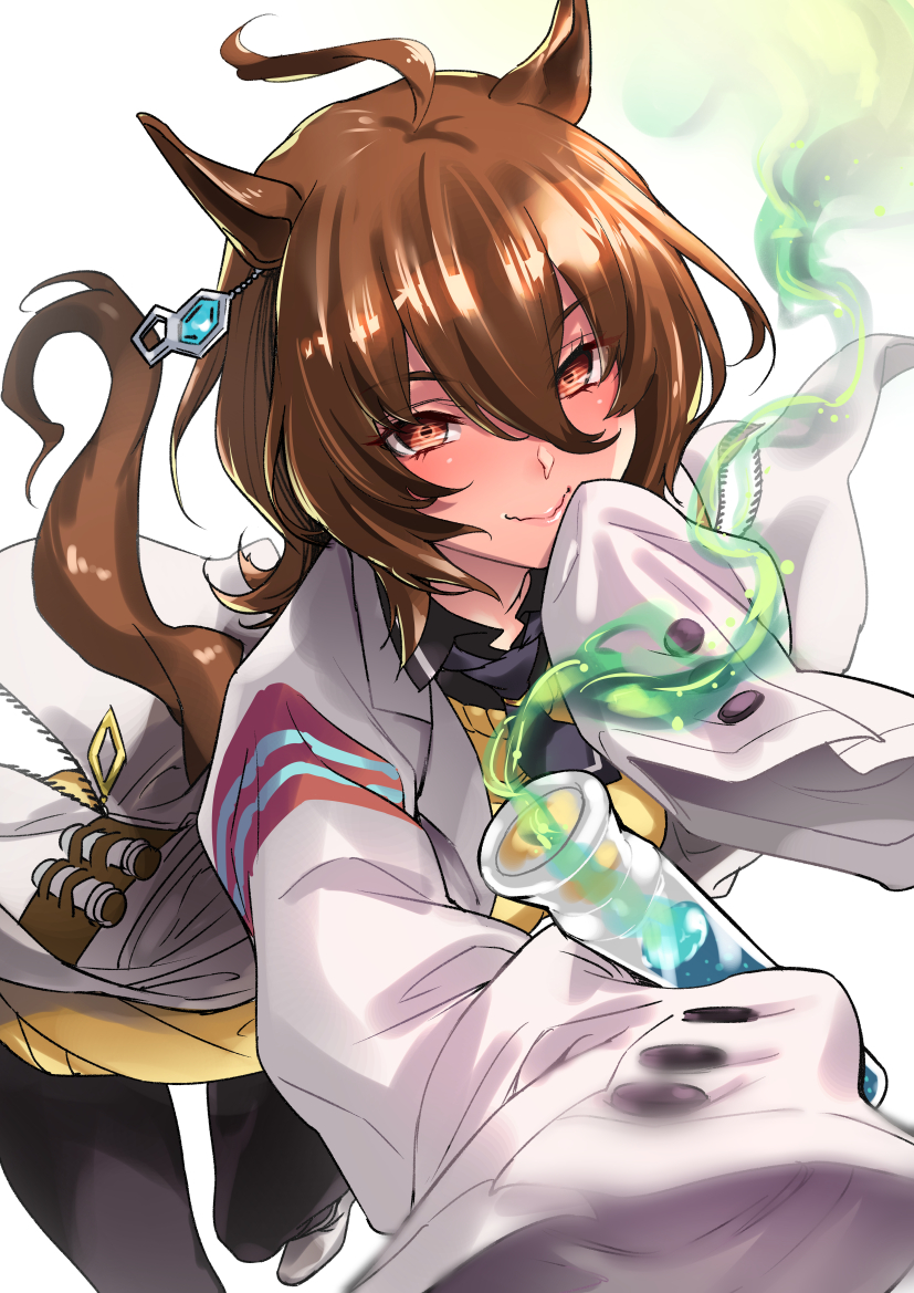 1girl agnes_tachyon_(umamusume) ahoge animal_ears bangs black_neckwear brown_eyes brown_hair earrings hair_between_eyes horse_ears horse_girl horse_tail jewelry labcoat looking_at_viewer necktie saeki_shun short_hair simple_background sleeves_past_fingers sleeves_past_wrists smile solo tail umamusume vial white_background