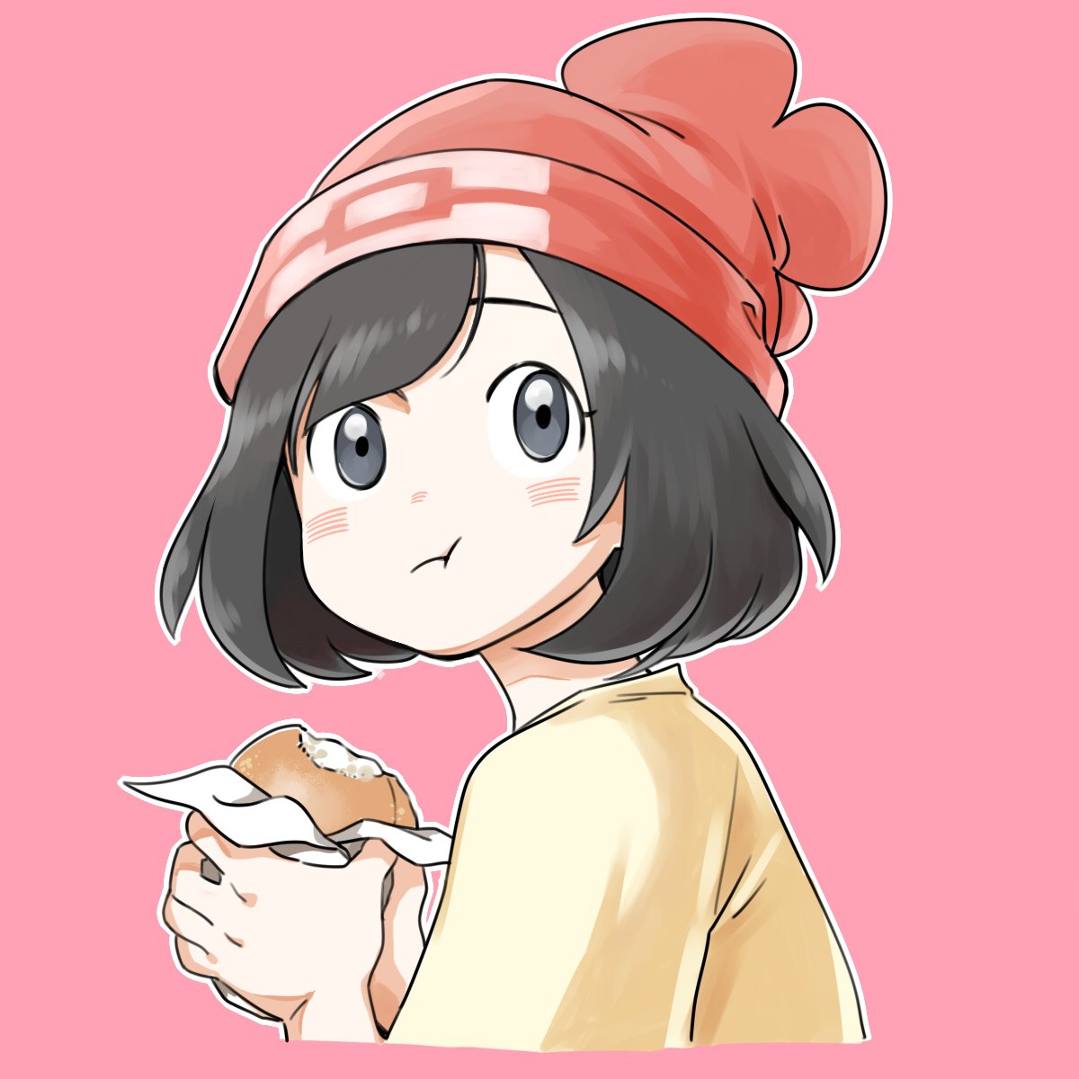 1girl :t bangs beanie black_hair blush closed_mouth commentary_request eating eyelashes food grey_eyes hands_up hat highres holding holding_food korean_commentary looking_back malasada nutkingcall outline pink_background pokemon pokemon_(game) pokemon_sm red_headwear selene_(pokemon) shirt short_hair simple_background solo upper_body yellow_shirt