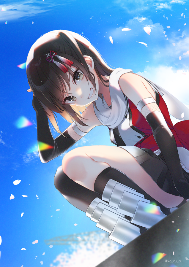 1girl arm_up asymmetrical_legwear bangs bare_shoulders black_gloves black_legwear black_skirt blue_sky breasts brown_eyes brown_hair clouds commentary_request day detached_sleeves dutch_angle elbow_gloves eyebrows_visible_through_hair gloves kantai_collection kneehighs koruri long_hair long_sleeves miniskirt outdoors petals red_ribbon ribbon scarf sendai_(kancolle) shin_guards single_kneehigh single_thighhigh skirt sky small_breasts solo tassel thigh-highs two_side_up white_scarf