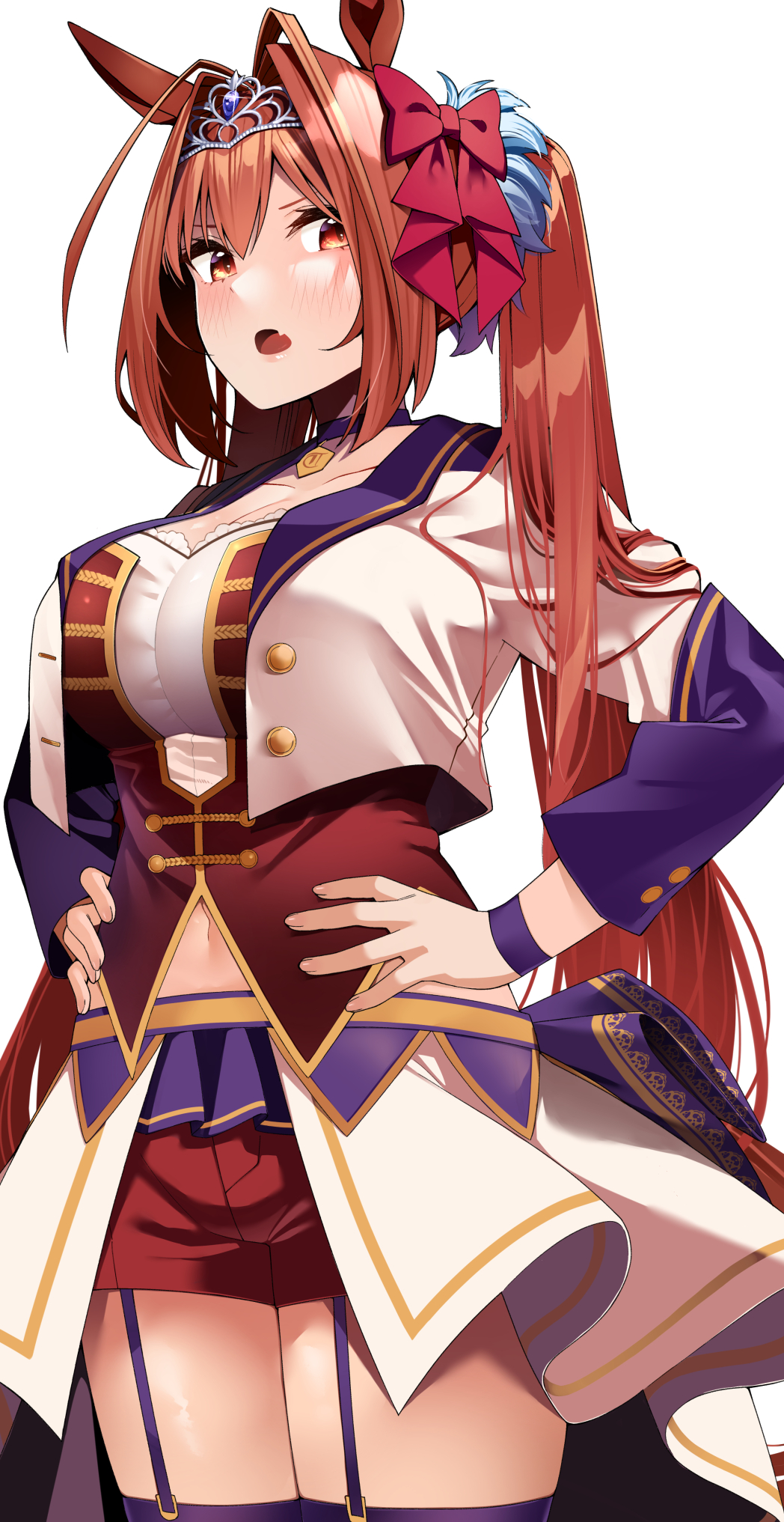 1girl animal_ears breasts brown_hair byte_(allbyte) cowboy_shot daiwa_scarlet_(umamusume) garter_straps hair_intakes hair_ribbon hands_on_hips highres horse_ears horse_girl large_breasts long_hair long_sleeves navel open_mouth purple_legwear red_ribbon red_shorts ribbon shirt shorts simple_background skirt solo standing thigh-highs thighs tiara twintails umamusume white_background white_skirt