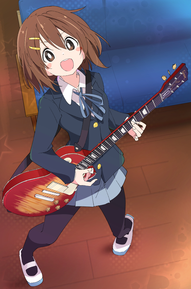 1girl :d black_legwear blue_neckwear blue_skirt blush_stickers brown_eyes brown_hair commentary_request electric_guitar from_above full_body guitar hair_ornament hairclip hirasawa_yui instrument ixy k-on! long_sleeves looking_at_viewer open_mouth pantyhose pleated_skirt shoes short_hair skirt smile solo standing white_footwear
