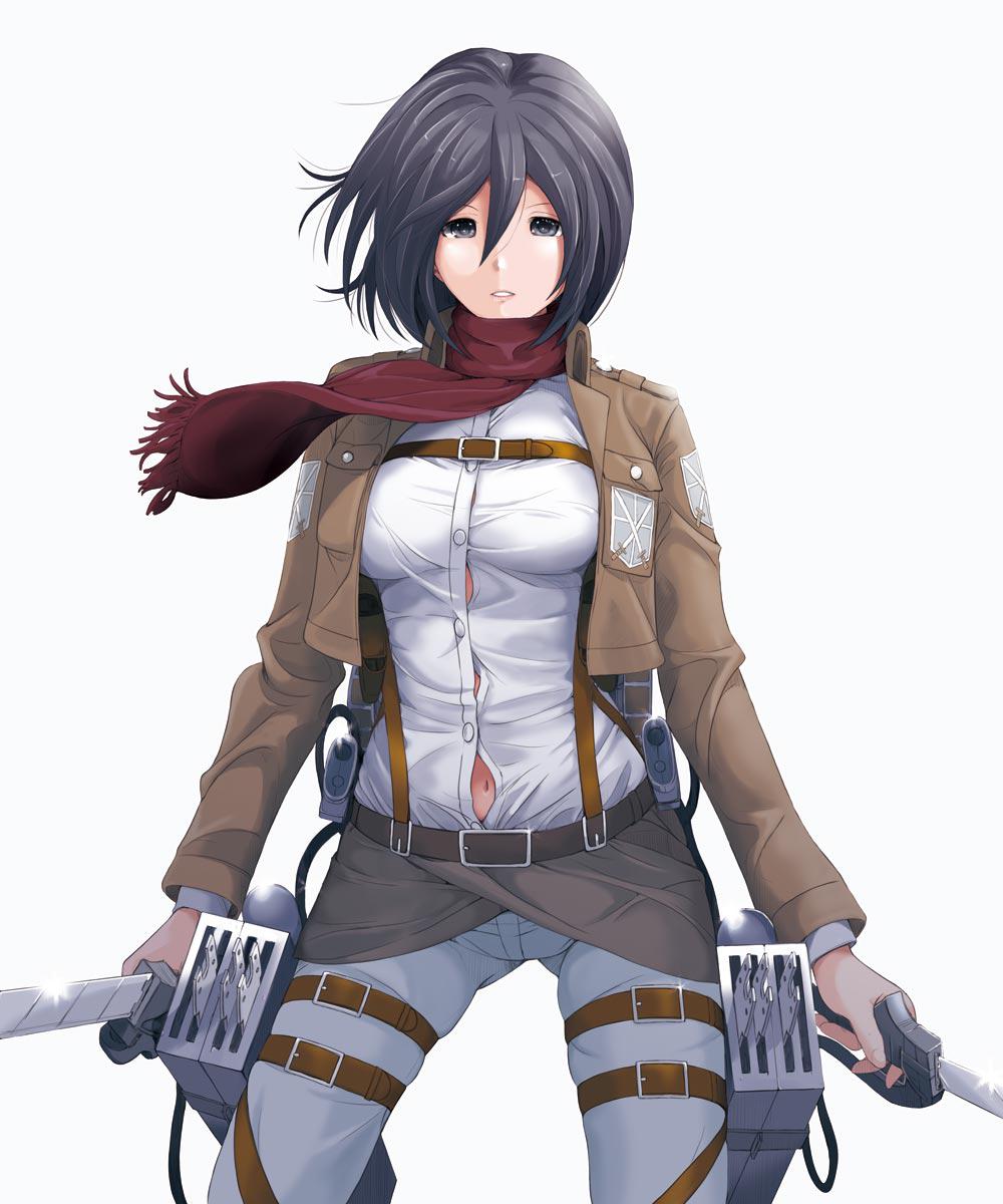 1girl belt belt_buckle black_hair breasts brown_belt brown_jacket buckle dress_shirt dual_wielding highres holding holding_sword holding_weapon jacket long_sleeves looking_at_viewer medium_breasts medium_hair mikasa_ackerman navel open_clothes open_jacket pants paradis_military_uniform parted_lips red_scarf ryouzou scarf shingeki_no_kyojin shiny shiny_hair shirt simple_background solo suspenders sword three-dimensional_maneuver_gear weapon white_background white_pants white_shirt