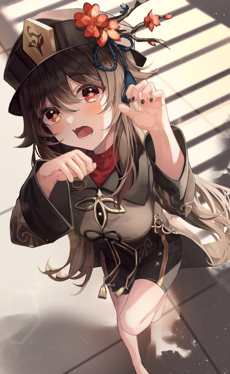 1girl bangs black_nails blush breasts brown_hair brown_headwear brown_shirt brown_shorts chinese_clothes claw_pose commentary_request eyebrows_visible_through_hair fingernails flower foot_out_of_frame from_above genshin_impact hair_between_eyes hands_up hat hat_flower highres hu_tao long_hair long_sleeves lower_teeth medium_breasts nail_polish open_mouth pray_(furei) red_eyes red_flower shirt short_shorts shorts solo standing standing_on_one_leg star-shaped_pupils star_(symbol) symbol-shaped_pupils tassel teeth twintails very_long_hair wide_sleeves