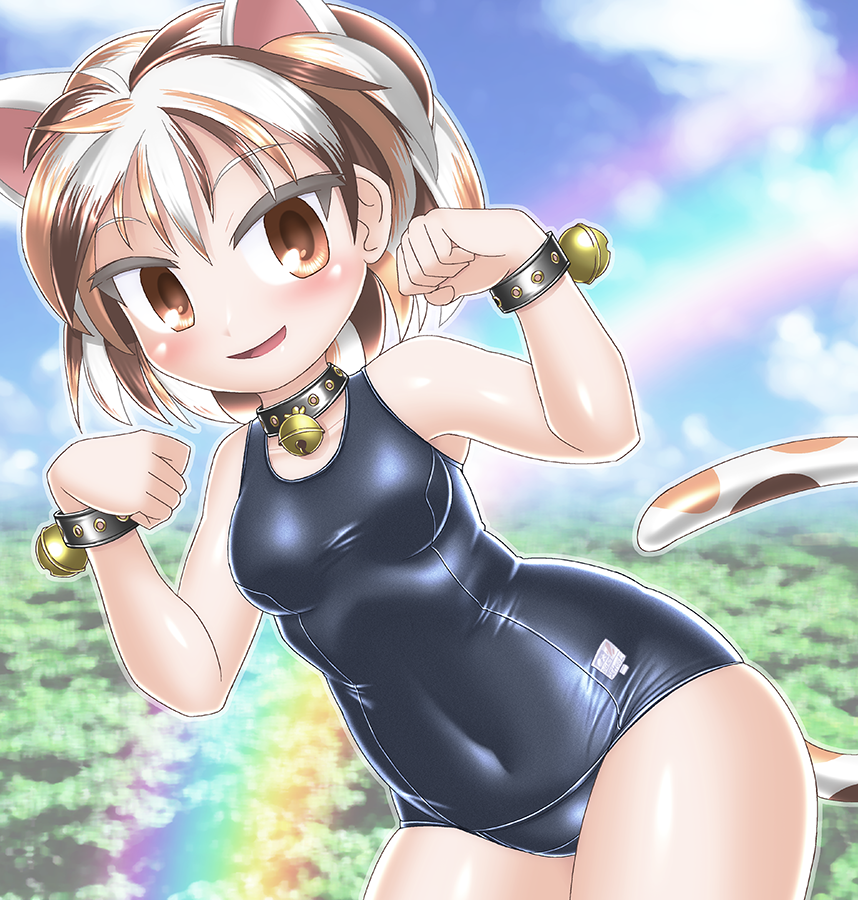 1girl animal_ears bell blue_swimsuit breasts brown_eyes brown_hair calico cat_ears cat_tail covered_navel gesture goutokuji_mike jingle_bell looking_at_viewer maneki-neko medium_breasts multicolored multicolored_hair multicolored_tail old_school_swimsuit one-piece_swimsuit patches paw_pose school_swimsuit shiny shiny_clothes shiny_hair shiny_skin short_hair skin_tight solo standing streaked_hair swimsuit tail touhou white_hair winn