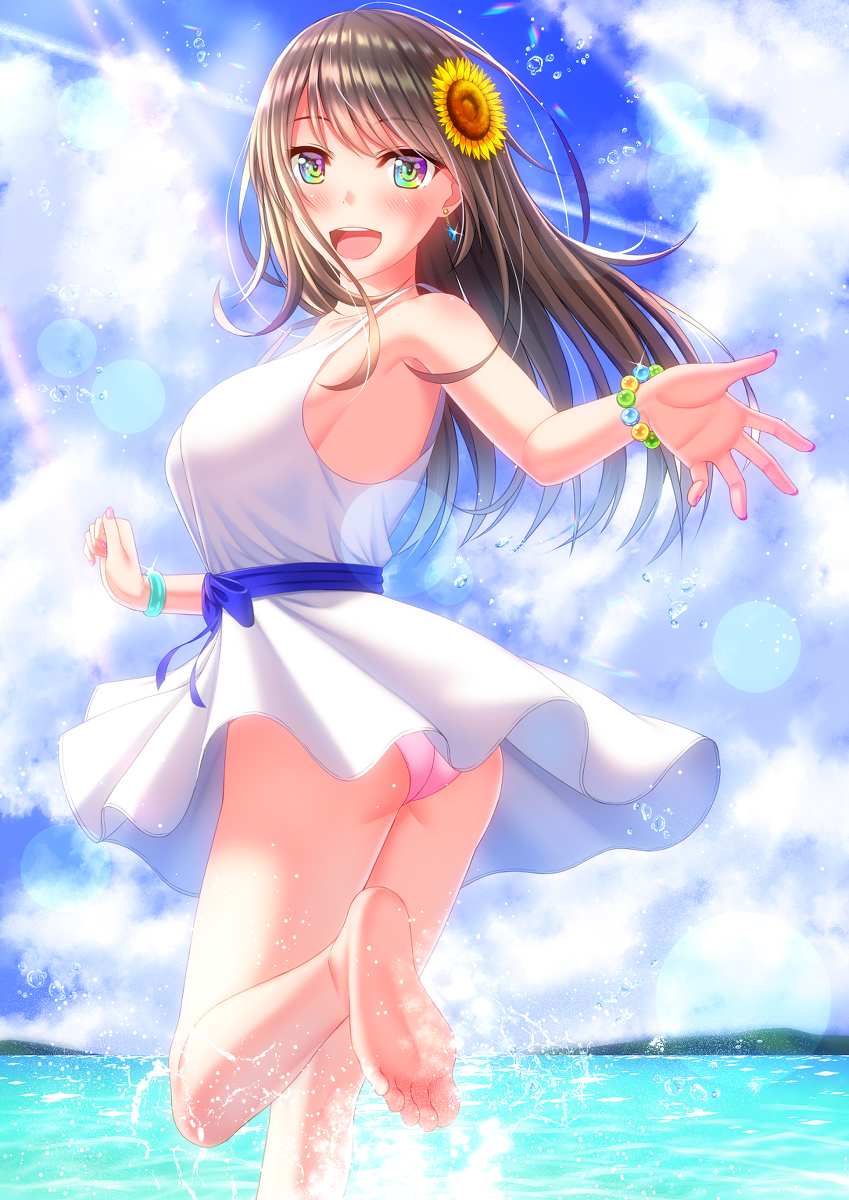 1girl :d bangs barefoot blush bracelet breasts brown_hair clouds copyright_request day dress earrings eyebrows_visible_through_hair floating_hair flower green_eyes highres jewelry lens_flare long_hair medium_breasts ocean open_mouth outdoors panties pantyshot pink_panties running shiny shiny_hair shirouzu_myuuta short_dress sideboob sleeveless sleeveless_dress smile soles solo summer sundress sunflower underwear white_dress yellow_flower