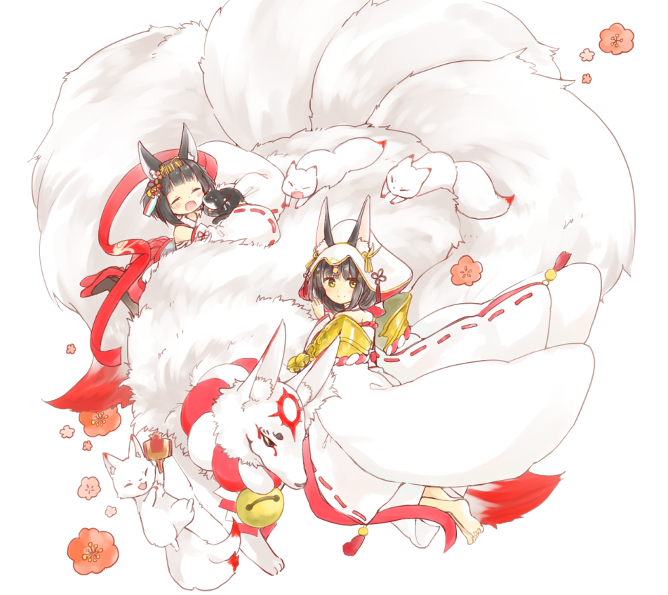 :d ^_^ ^o^ animal_ears azur_lane bangs bell black_hair blunt_bangs closed_eyes commentary_request detached_sleeves ekuramani eyebrows_visible_through_hair fox fox_ears fox_girl hair_ornament headpiece hug japanese_clothes kimono long_hair looking_at_viewer mutsuki_(azur_lane) nagato_(great_fox's_shiroshouzoku)_(azur_lane) no_shoes open_mouth ribbon-trimmed_sleeves ribbon_trim shiroshouzoku short_hair sidelocks simple_background smile tsunokakushi uchikake white_background wide_sleeves yellow_eyes