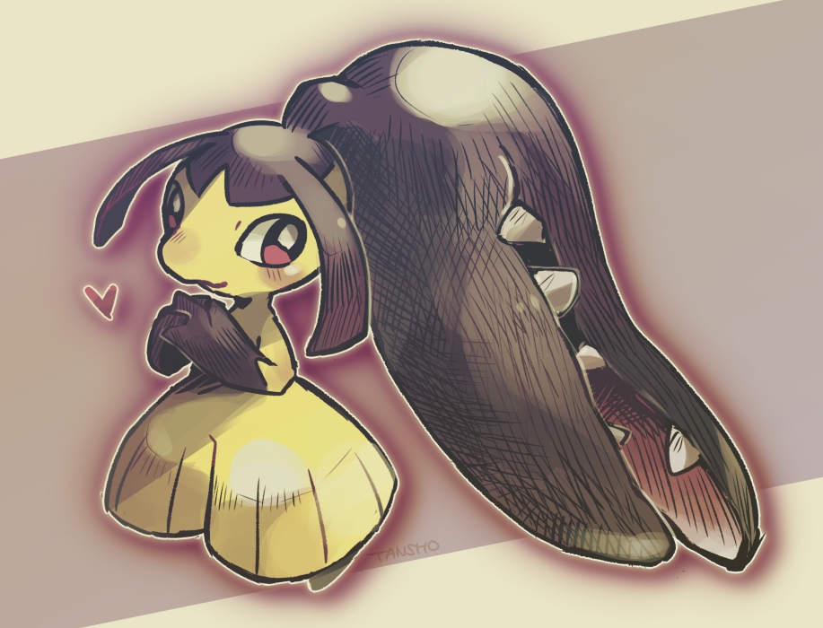 artist_name blush closed_mouth commentary_request full_body gen_3_pokemon hands_together heart looking_to_the_side mawile outline pokemon pokemon_(creature) red_eyes smile solo tansho