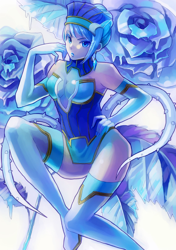 1girl blue_flower blue_hair blue_leotard blue_rose blue_rose_(tiger_&amp;_bunny) boots crystal_earrings earrings elbow_gloves flower gloves hand_on_hip headgear jewelry karina_lyle leotard lips lipstick makeup mikan_(aquacomet) power_suit rose simple_background solo superhero thigh-highs thigh_boots tiger_&amp;_bunny transparent_breasts_pads white_background white_footwear white_gloves