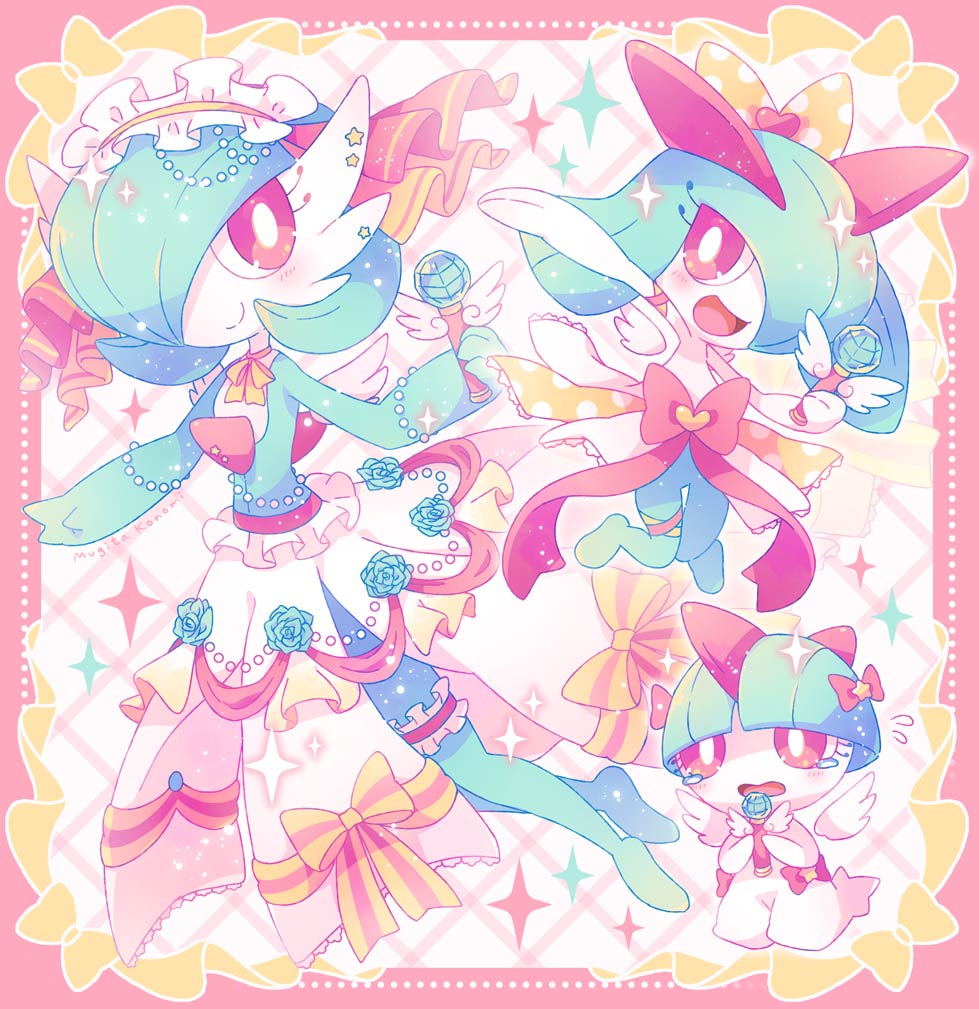 blush bow bright_pupils clothed_pokemon commentary_request flower flying_sweatdrops framed frills gardevoir gen_3_pokemon holding jewelry jippe kirlia open_mouth pokemon pokemon_(creature) ralts red_eyes ribbon smile sparkle tongue white_pupils