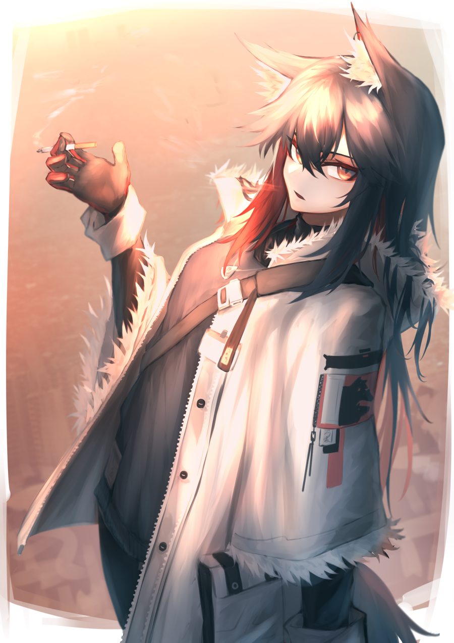 1girl animal_ear_fluff animal_ears arknights bangs black_gloves black_shirt brown_eyes cigarette commentary fur-trimmed_jacket fur-trimmed_sleeves fur_trim gloves hand_up highres holding holding_cigarette jacket long_hair long_sleeves looking_at_viewer ozeu0916 shirt sideways_glance snap-fit_buckle solo texas_(arknights) texas_(winter_messenger)_(arknights) upper_body white_jacket wide_sleeves wolf_ears wolf_girl
