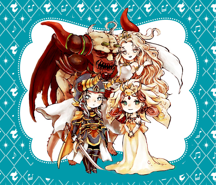 2boys 2girls armor blonde_hair chaos_(dff) chaos_(ff1) chibi commentary_request cosmos_(dff) dress fangs final_fantasy final_fantasy_i hands_together helmet horns long_hair monster multiple_boys multiple_girls nina_(&amp;_lucie) pink_hair sarah_(ff1) smile standing sword theatrhythm_final_fantasy warrior_of_light wavy_hair weapon white_hair wings