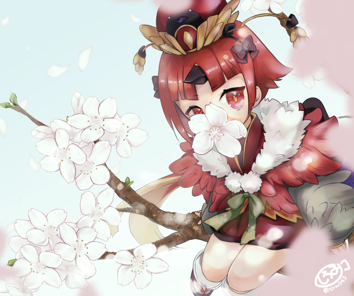 1girl bangs benienma_(fate) branch commentary_request fate/grand_order fate_(series) feathered_cape flower geta hat japanese_clothes kimono looking_at_viewer parted_bangs petals red_eyes red_kimono redhead short_kimono signature sitting sitting_on_branch solo srm343 tabi twitter_username